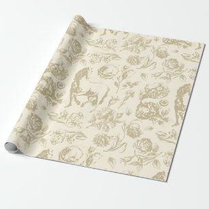 Papel De Presente Padrão Floral Elegante Bege Dourado Vintage Cavalo
