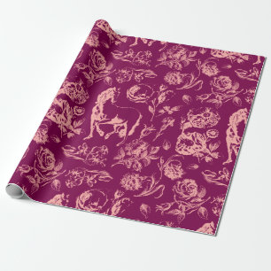 Papel De Presente Padrão Floral Elegante de Cavalos Rosa Vinho Vinta