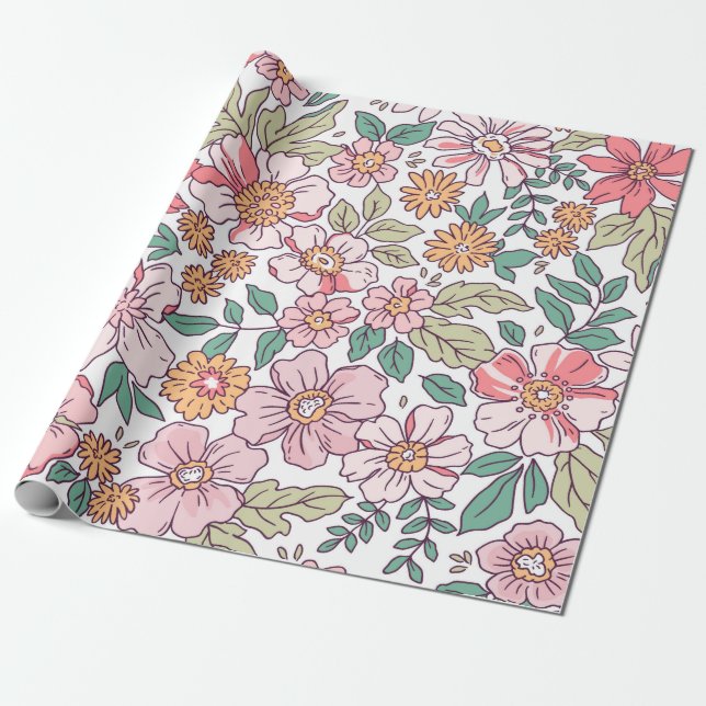 Papel De Presente Padrão floral elegante em flor de desenhar de mão  (Desenrolado)