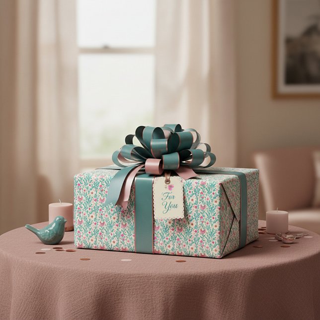 Papel De Presente Padrão floral em aquarela rosa e azul (Criador carregado)