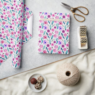 Papel De Presente Padrão floral em aquarela rosa e roxo