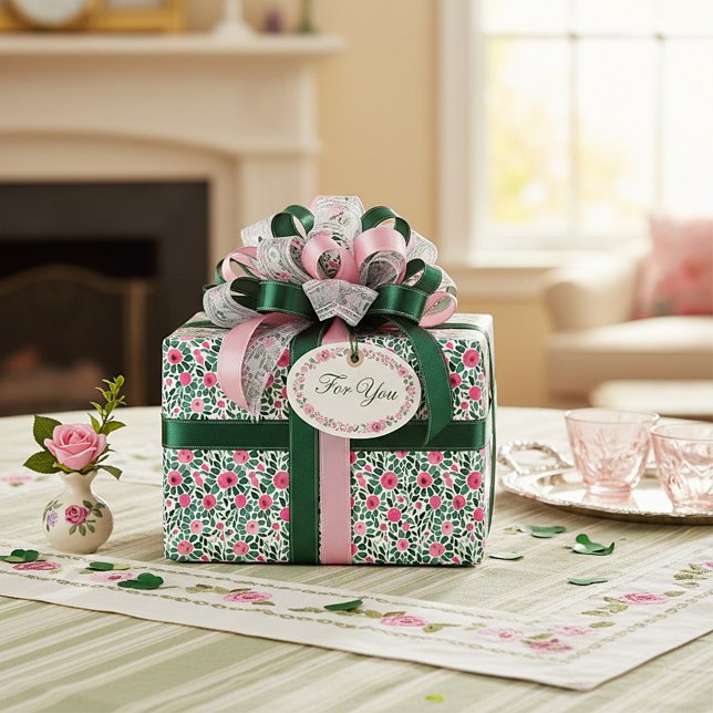 Papel De Presente Padrão floral em aquarela rosa e verde (Criador carregado)