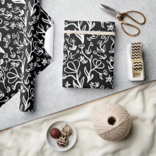Papel De Presente Padrão Floral em Branco em Preto