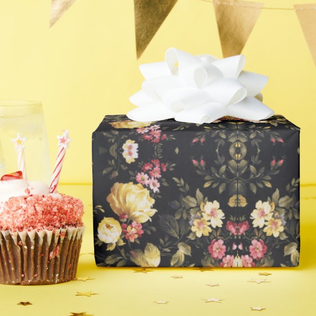 Papel De Presente padrão floral em preto (Festa de aniversário)