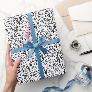 Papel De Presente Padrão Floral em Preto e Branco