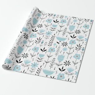 Papel De Presente Padrão Floral Escandinavo Azul
