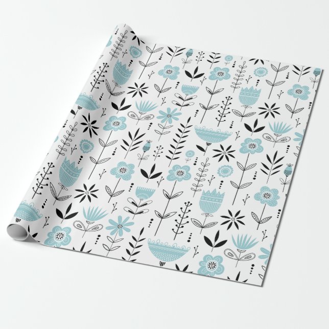 Papel De Presente Padrão Floral Escandinavo Azul (Desenrolado)