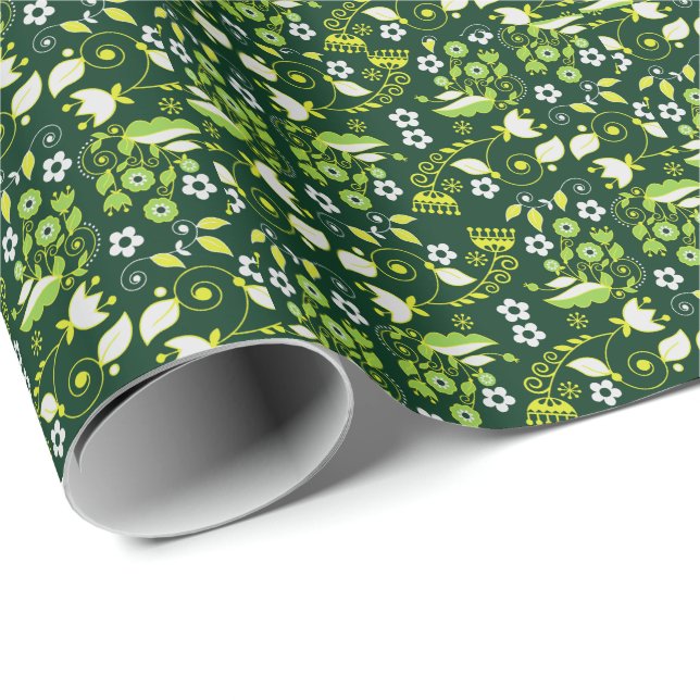 Papel De Presente Padrão Floral Escandinavo Verde Moderno (Ponta do rolo)