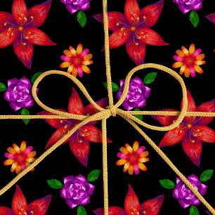 Papel De Presente Padrão Floral Exótico Tropical Chic Red and Black