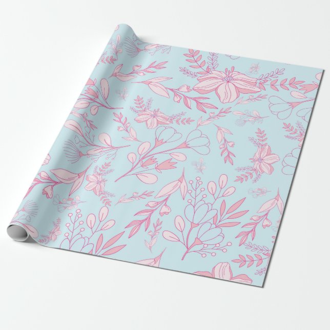 Papel De Presente Padrão Floral Feminino Bonito Rosa e Azul (Desenrolado)