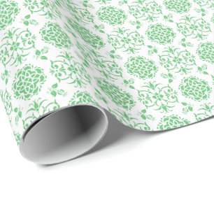 Papel De Presente Padrão Floral Fofo Estilo Damasco Verde e Branco