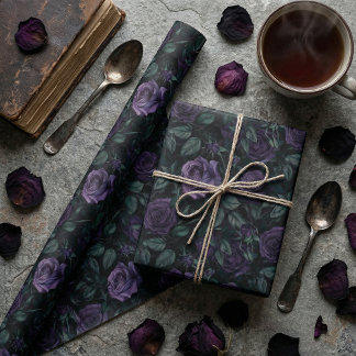 Papel De Presente Padrão Floral Gótico Escuro com Rosas Roxos Profun