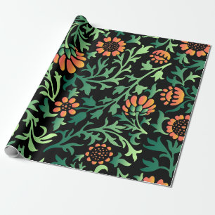 Papel De Presente Padrão Floral Intricado com Folhas Verdes