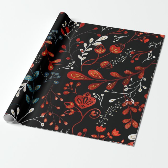 Papel De Presente Padrão floral intrincado com invólucro dourado e b (Desenrolado)