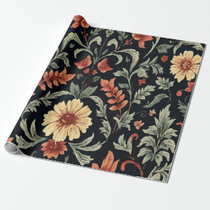 Papel De Presente Padrão Floral Laranja Amarelo e Verde Vintage