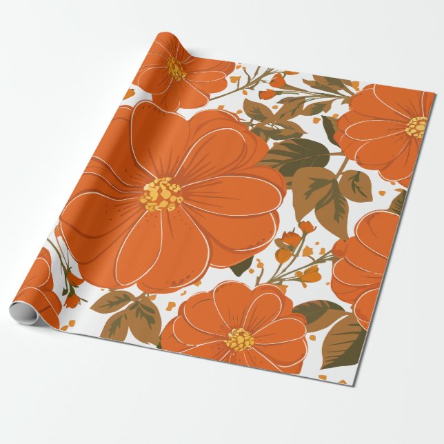 Papel De Presente Padrão Floral Laranja Vibrante com Folhas (Desenrolado)
