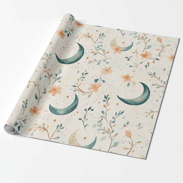 Papel De Presente Padrão Floral Lunar Boho Celestial (1) (Desenrolado)