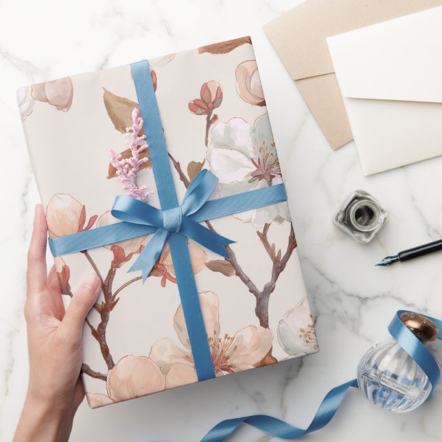 Papel De Presente Padrão Floral Marfim de Flor de Pessegueiro Macio (Presentear)