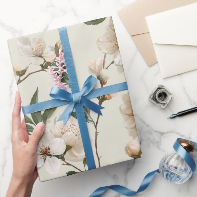 Papel De Presente Padrão Floral Marfim de Flor de Pessegueiro Macio (Presentear)
