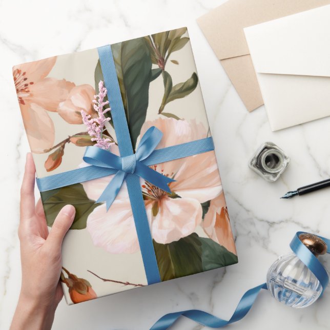 Papel De Presente Padrão Floral Marfim de Flor de Pessegueiro Macio (Presentear)