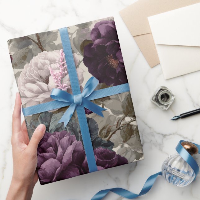 Papel De Presente Padrão Floral Marfim Rosa Ameixa Elegante (Presentear)