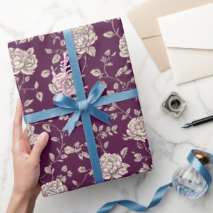 Papel De Presente Padrão Floral Marfim Rosa Ameixa Elegante