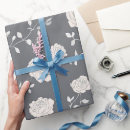 Papel De Presente Padrão Floral Minimalista Cinza Rosa Branco Suave