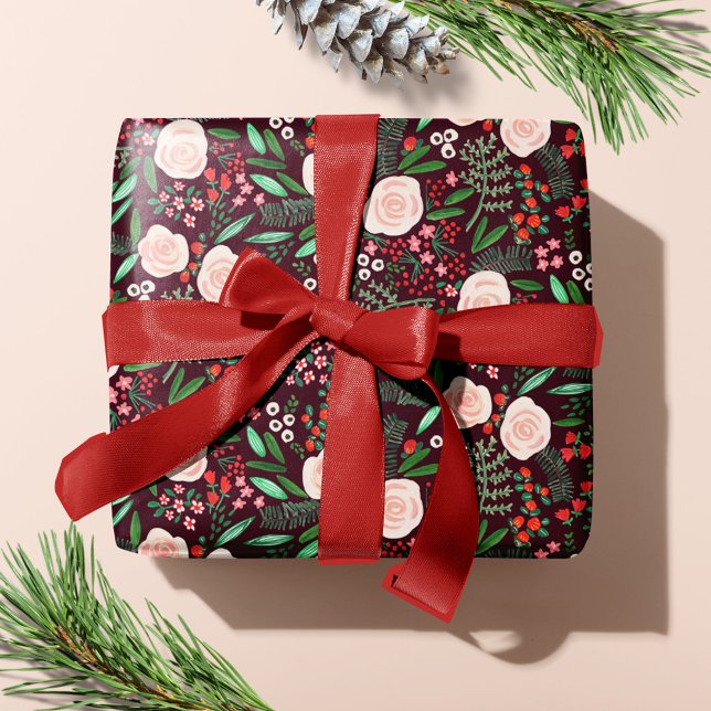 Papel De Presente Padrão Floral Moderno de Natal  (Modern Floral Pattern Christmas Holiday Wrapping Paper)