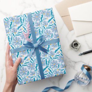 Papel De Presente Padrão Floral Moderno do Meio século Boho Azul