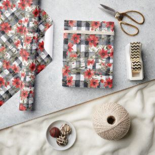 Papel De Presente Padrão Floral Moderno em Cinza Tartan