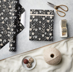 Papel De Presente Padrão Floral Monocromático em Fundo Negro