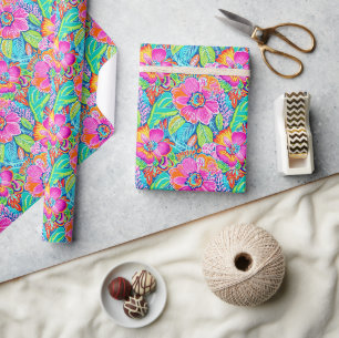 Papel De Presente Padrão Floral no Rosa Vibrante, Azul, Laranja e Ve
