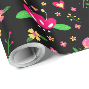 Papel De Presente Padrão Floral Ocupado em Preto