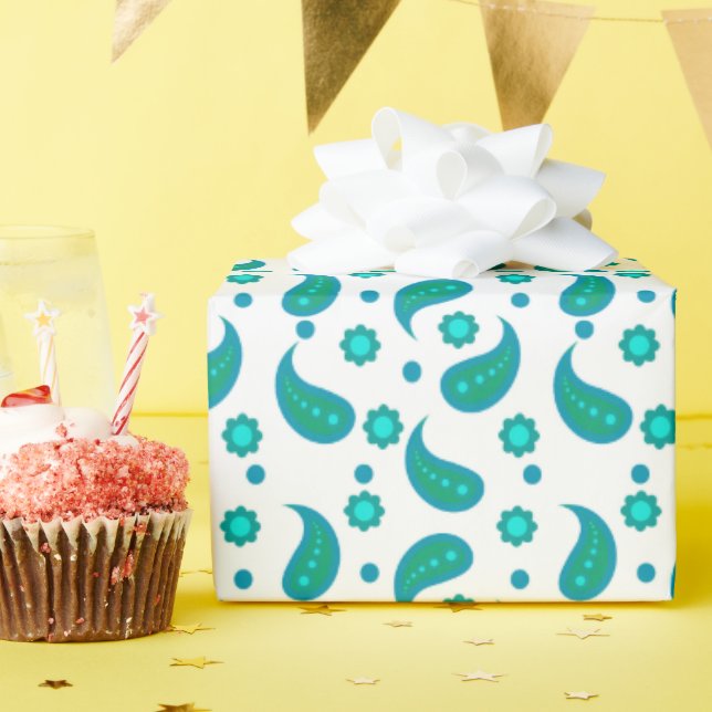 Papel De Presente Padrão Floral Paisley Azul e Turquesa | Boho Moder (Festa de aniversário)