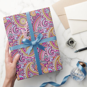 Papel De Presente Padrão Floral Paisley Boho Vibrante Arte Colorid