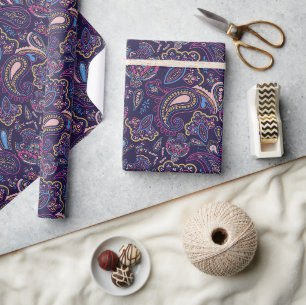Papel De Presente Padrão floral paisley étnico vintage azul retrô