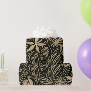 Papel De Presente Padrão Floral Preguiçoso em Dourado a Preto