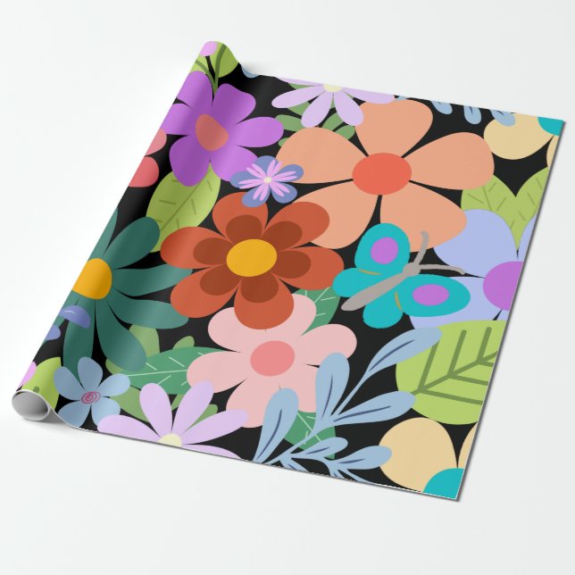 Papel De Presente Padrão Floral Preto bonito (Desenrolado)