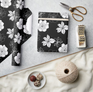 Papel De Presente Padrão Floral Preto e Branco