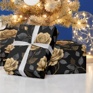 Papel De Presente Padrão Floral Preto Rosa Acento Ouro Elegante