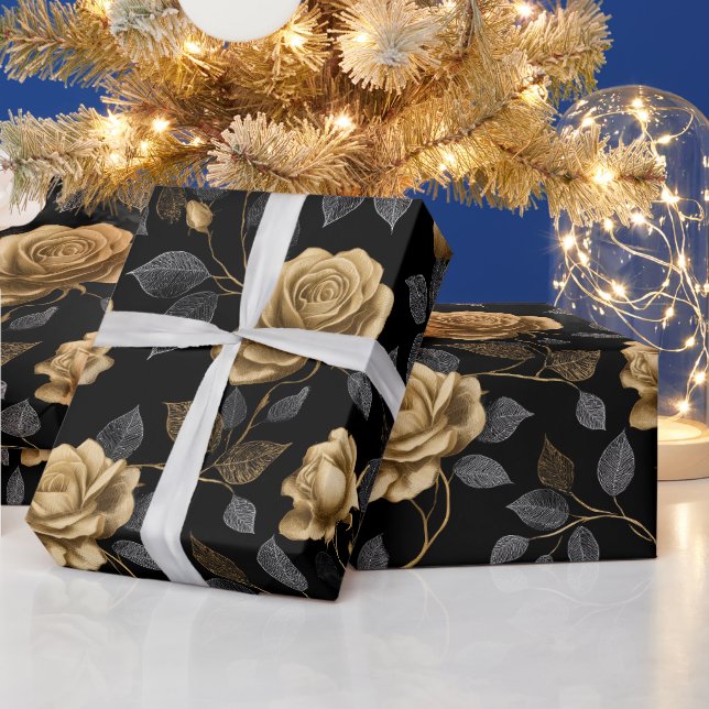 Papel De Presente Padrão Floral Preto Rosa Acento Ouro Elegante (Feriados)