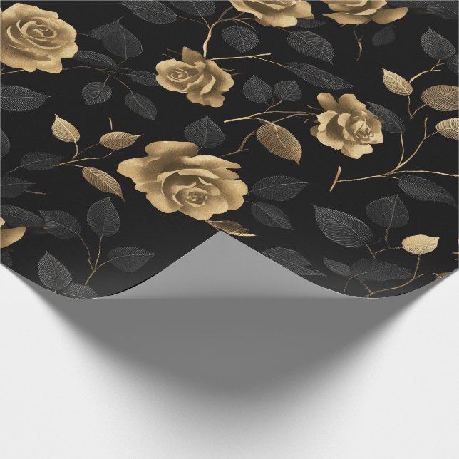 Papel De Presente Padrão Floral Preto Rosa Acento Ouro Elegante (Ponta)