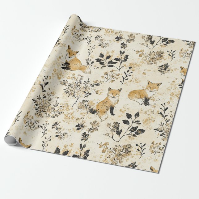 Papel De Presente Padrão Floral Raposa Florestal Ouro Negro (Desenrolado)