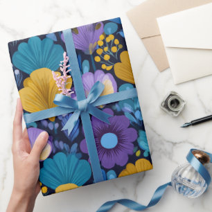 Papel De Presente Padrão Floral Retro dos Anos 70 em Azul, Roxo e Am