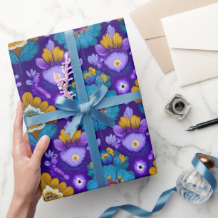 Papel De Presente Padrão Floral Retro dos Anos 70 em Azul, Roxo e Am