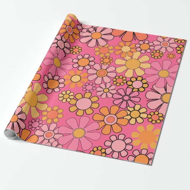 Papel De Presente Padrão Floral Retro Groovy 60s 70s Rosa (Desenrolado)