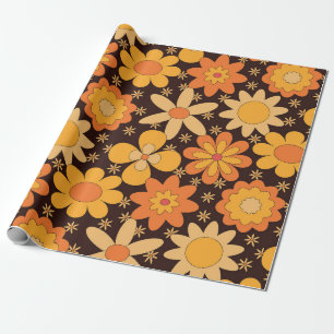 Papel De Presente Padrão floral retrô groovy amarelo e laranja