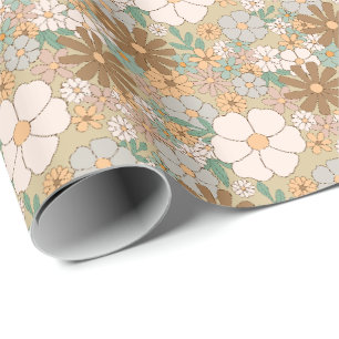 Papel De Presente Padrão Floral Retro Neutro BOHO em Tons Terrosos