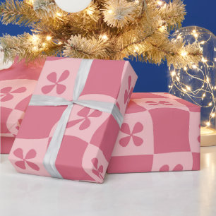 Papel De Presente Padrão Floral Retro-Rosa Verificado
