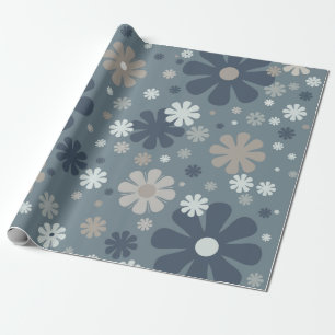 Papel De Presente Padrão Floral Retroativo em Azul de Aço e Taupe